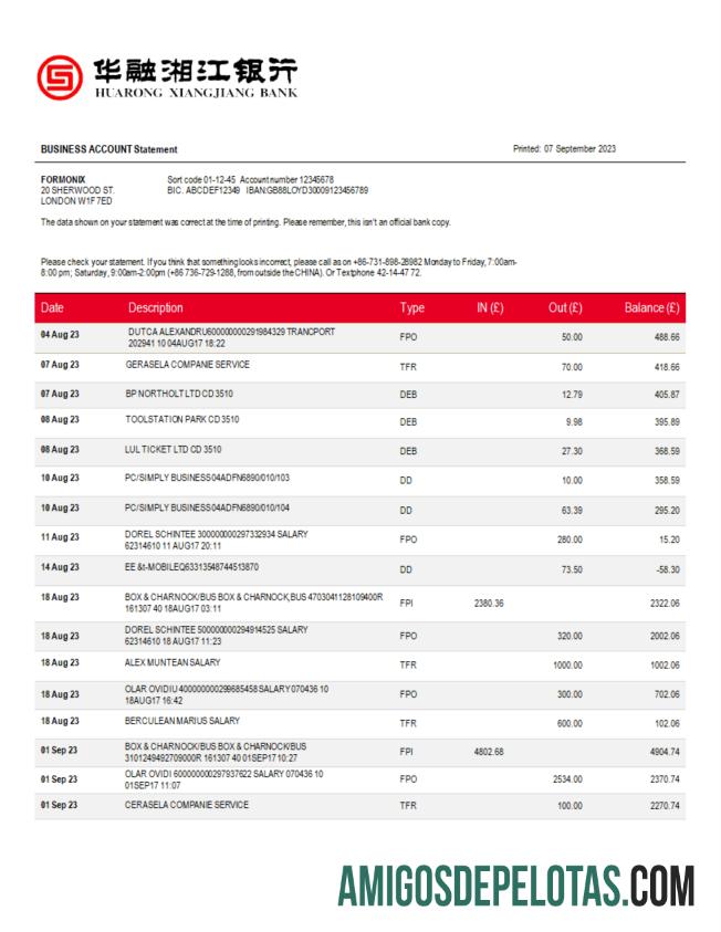 Imprimível Huarong Xiangjiang Bank Company Account Statement Word And PDF model